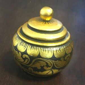 Hand-Painted Wooden Decorative Box with  Gold and Black Design Vintage